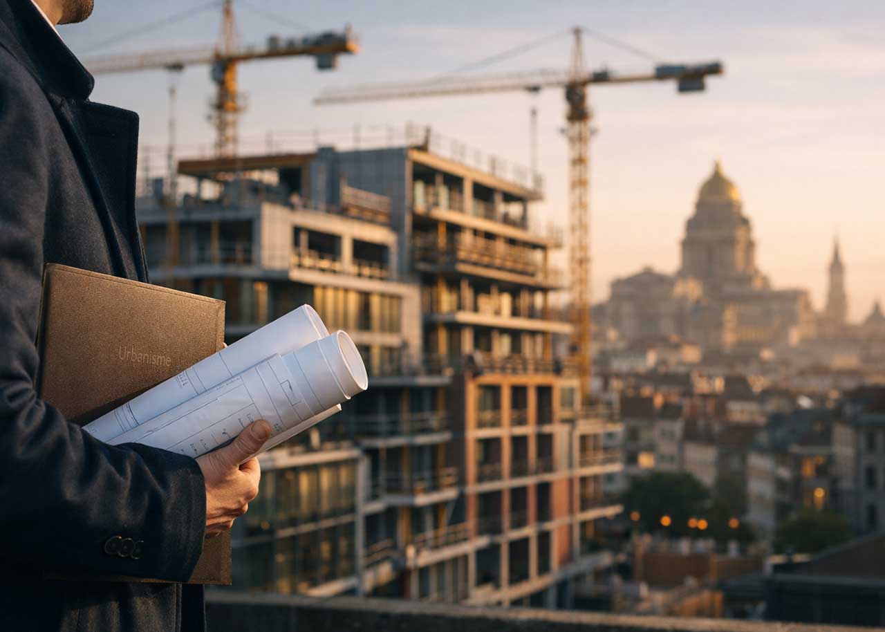 Avocat en urbanisme à Bruxelles tenant des plans d’architecture devant un projet immobilier en construction, illustrant la réforme urbanistique et ses impacts sur le développement immobilier
