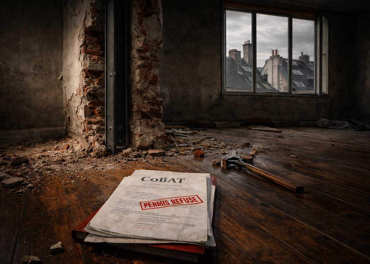 Vue d'un chantier intérieur à Bruxelles illustrant la complexité du permis d'urbanisme et du COBAT.