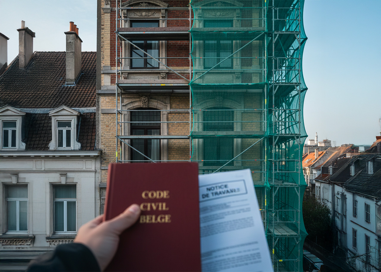Immeuble bruxellois sous échafaudages illustrant un litige sur des travaux imposés par le syndic en copropriété