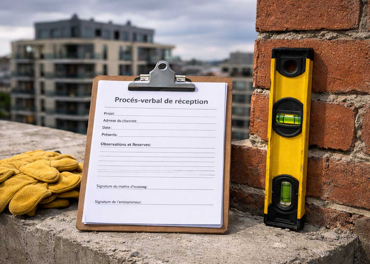 Procès-verbal de réception de travaux et niveau à bulle illustrant un défaut de construction.