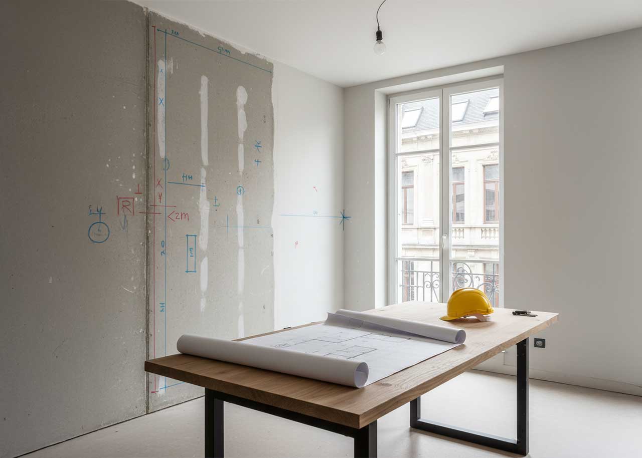 Travaux de rénovation dans un appartement en copropriété à Bruxelles avec plans architecturaux et casque de chantier