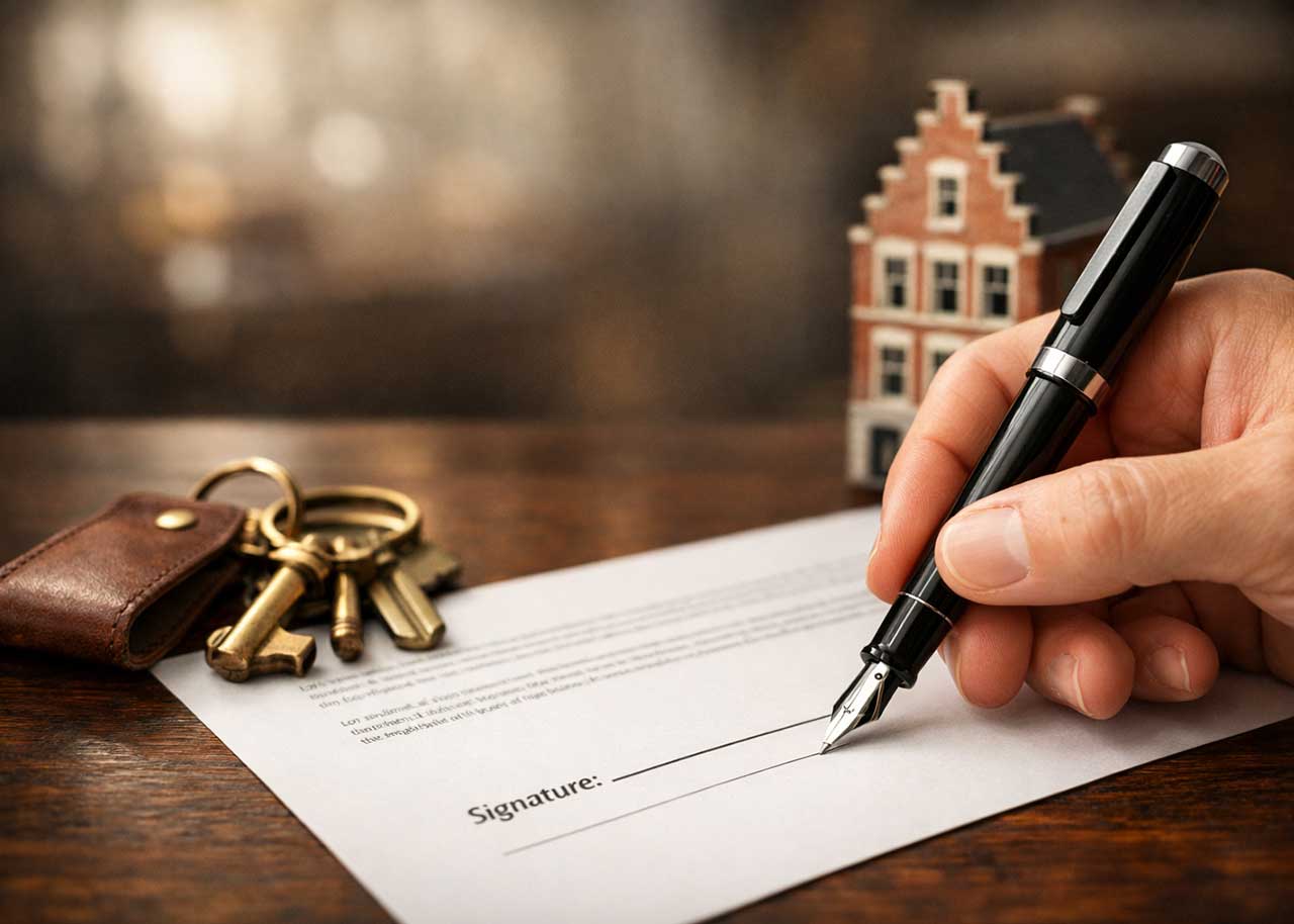 Main tenant un stylo au-dessus de la ligne de signature d'un compromis de vente immobilier avec des clés de maison à côté