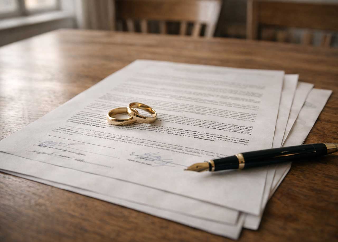 Deux alliances posées sur une convention de divorce par consentement mutuel signée, illustrant la procédure en droit belge — Cabinet Consilitis, avocats à Bruxelles.