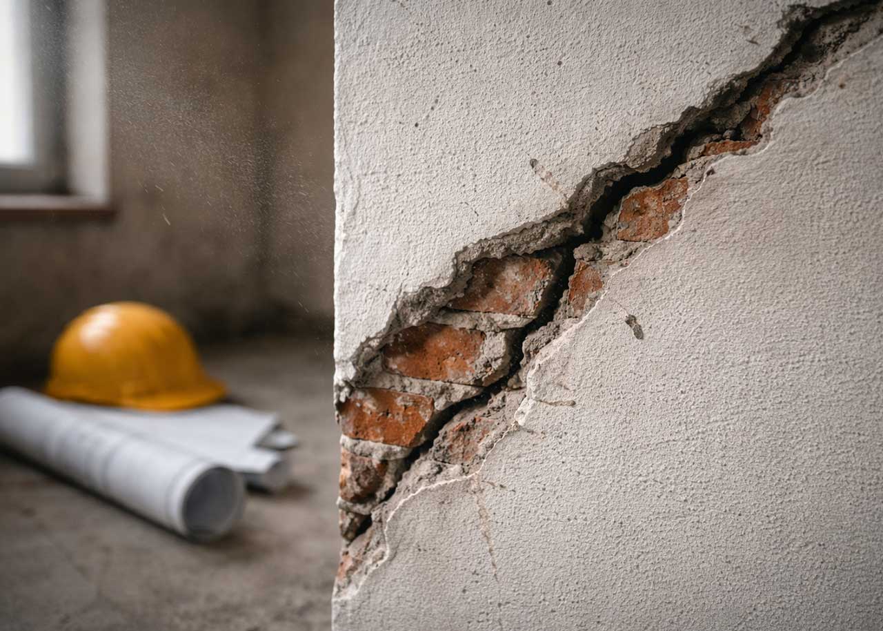 Fissure profonde dans un mur porteur d'un immeuble résidentiel illustrant un désordre relevant de la garantie décennale — Cabinet Consilitis, avocats à Bruxelles.