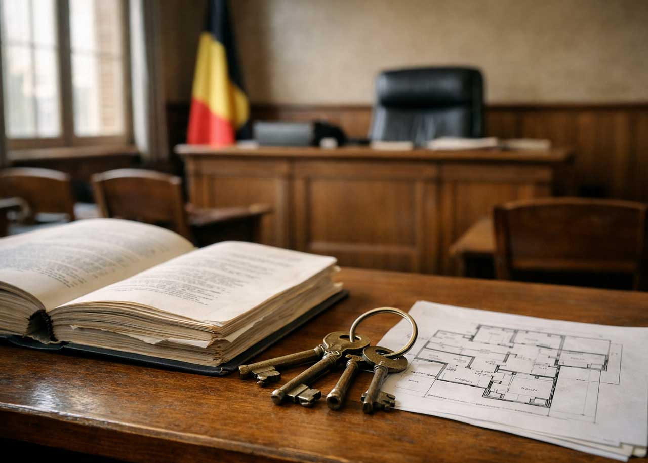 Dossier juridique et clés sur le bureau d'un juge de paix illustrant un litige d'occupation sans titre ni droit — Cabinet Consilitis, avocats à Bruxelles.