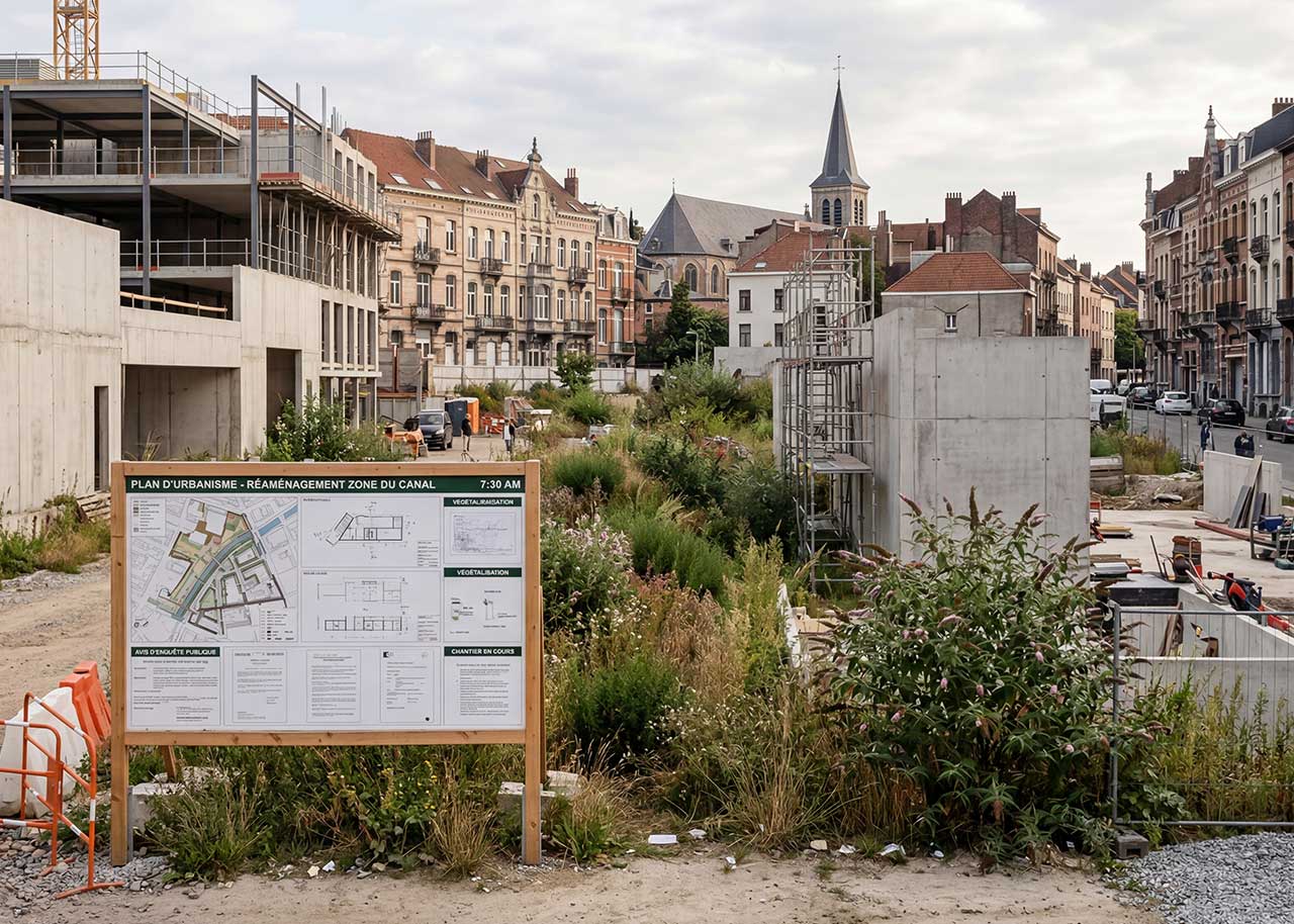 Chantier de réaménagement urbain à Bruxelles avec végétation spontanée et panneau d'urbanisme