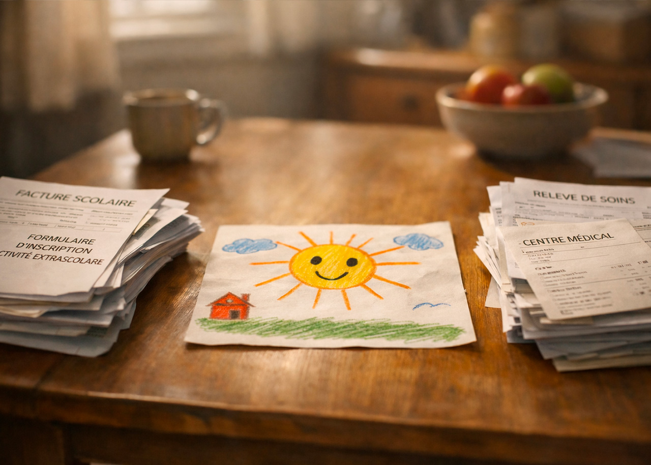 Factures scolaires et médicales d'enfants sur une table familiale — frais extraordinaires après divorce